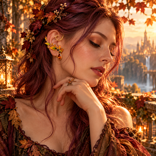 Woman wearing elegant Emberleaf fantasy ear wraps with autumn leaf details