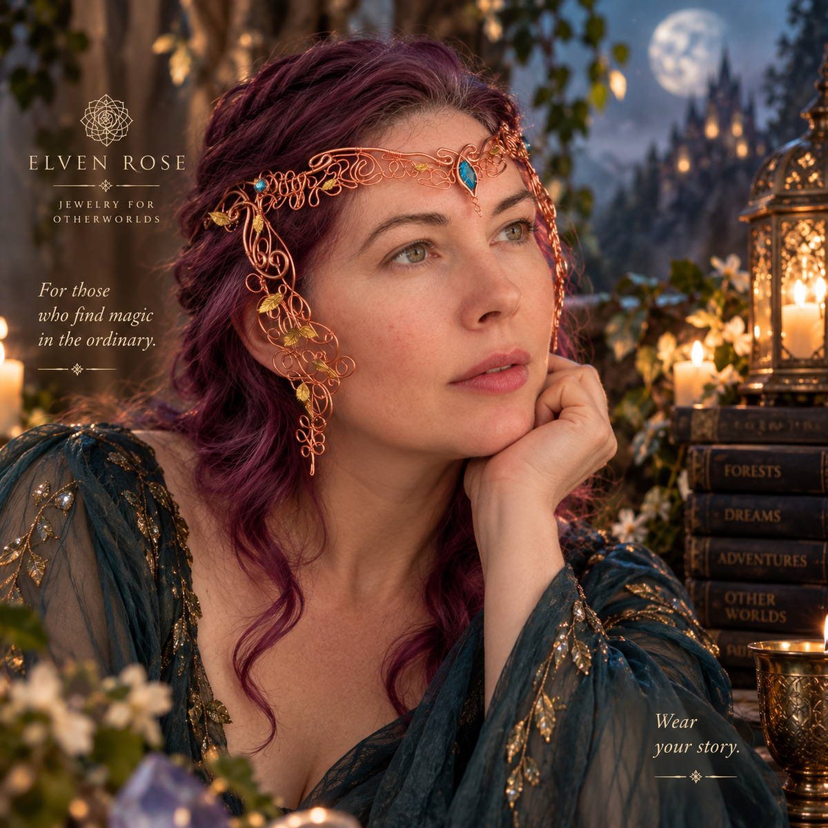 Whispering Vines elven circlet worn in a fantasy lifestyle setting