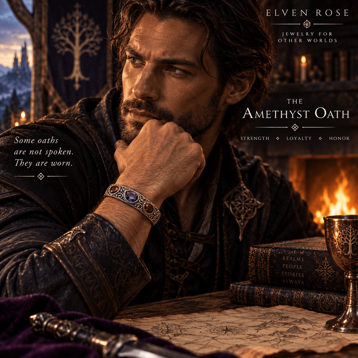 Amethyst & Garnet Men’s Fantasy Cuff Bracelet - Elven Rose