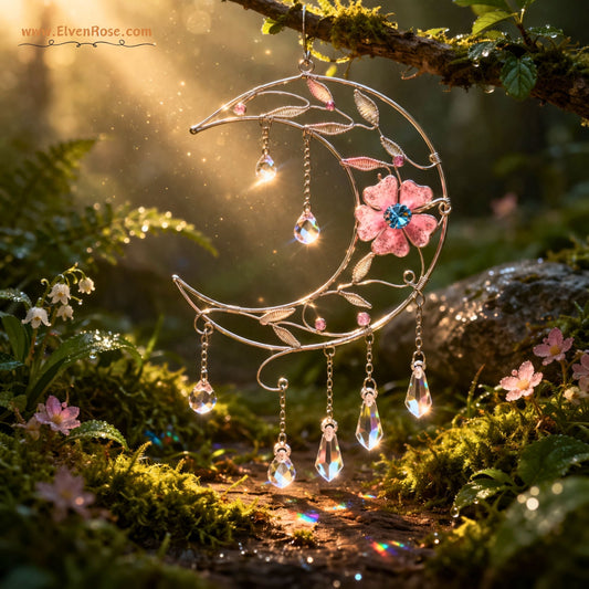 "Bloom of Light" Elven Crescent Moon Suncatcher - Elven Rose