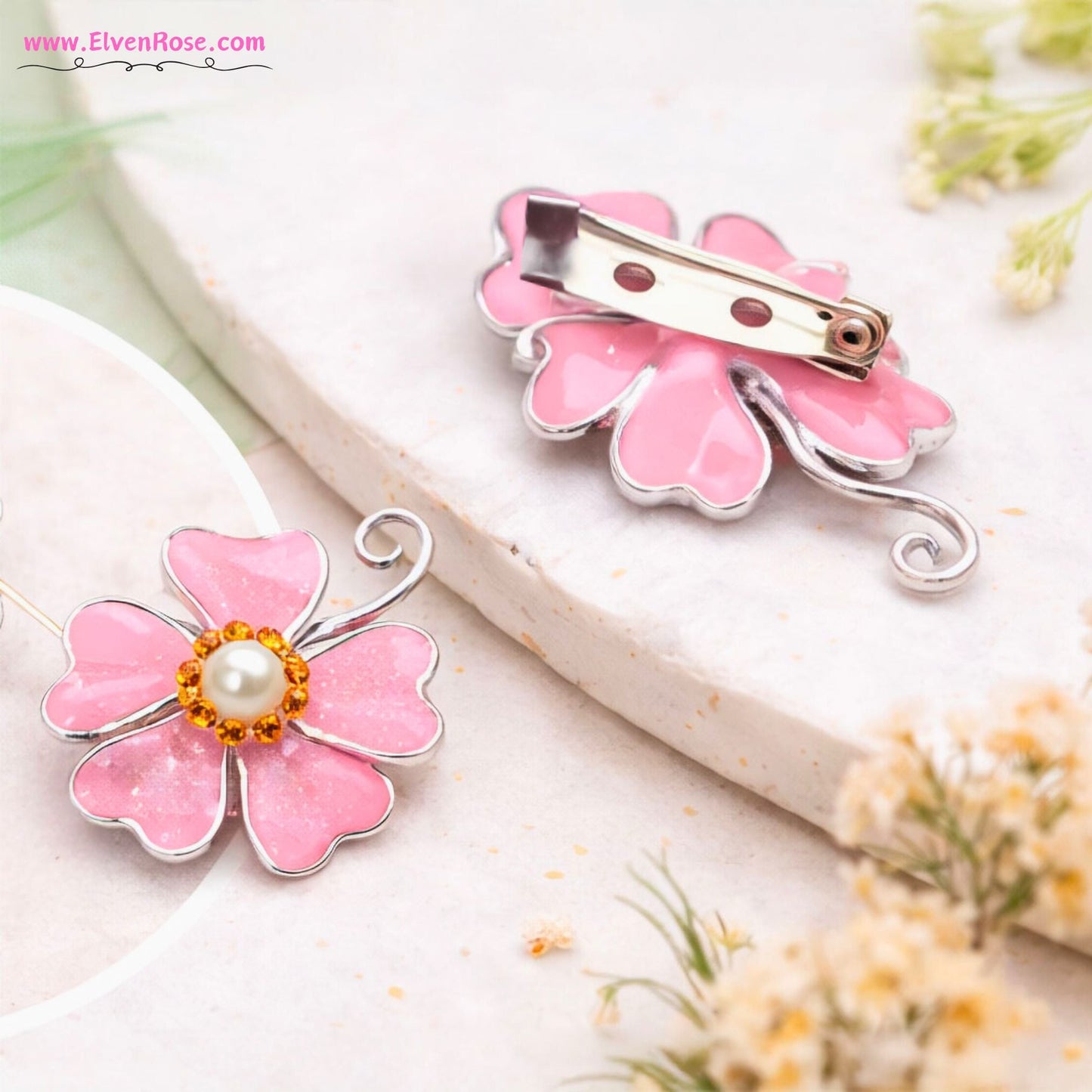 Blush Blossom Brooch – Enchanted Flower Pin with Resin & Crystals - Elven Rose