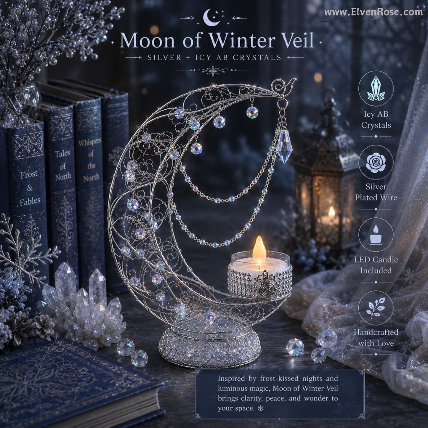 Crescent of Lúmira – Elven Moon Lamp with Crystals & Clear Quartz - Elven Rose