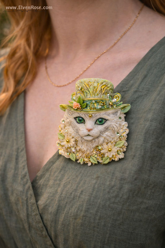 Enchanted Woodland Cat Brooch – Fairycore Resin & Crystal Pin - Elven Rose