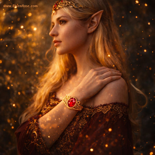 "Fire Seed Cuff Bracelet" Gold Bracelet with Red Crystals - Elven Rose