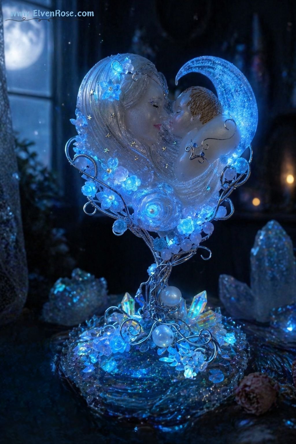 Lunar Mother Figurine – Handmade Resin Goddess with Moonstone & Crystals - Elven Rose