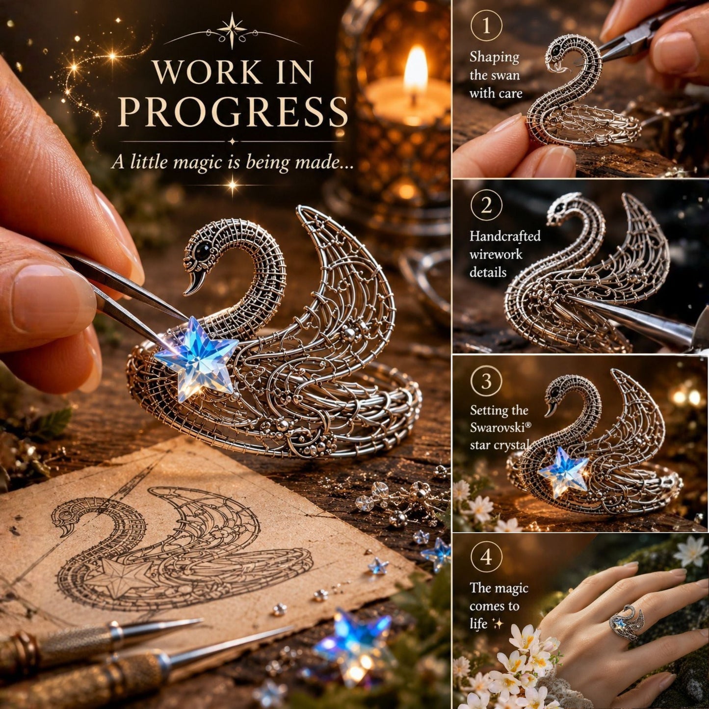 "Swan Ring" adjustable silver ring - Elven Rose