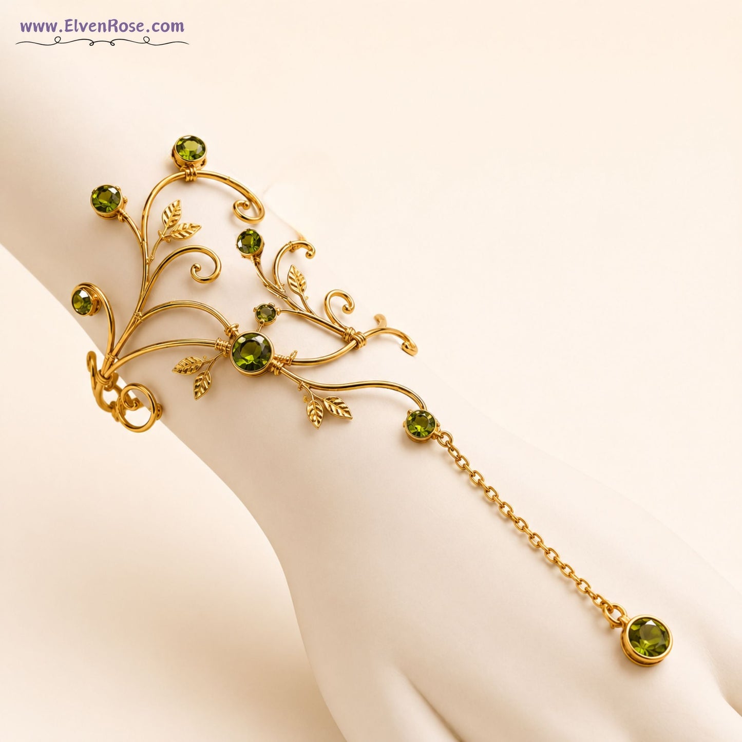 Vine Wrist Bracelet – Fantasy Elven Hand Jewelry with Green Crystals - Elven Rose