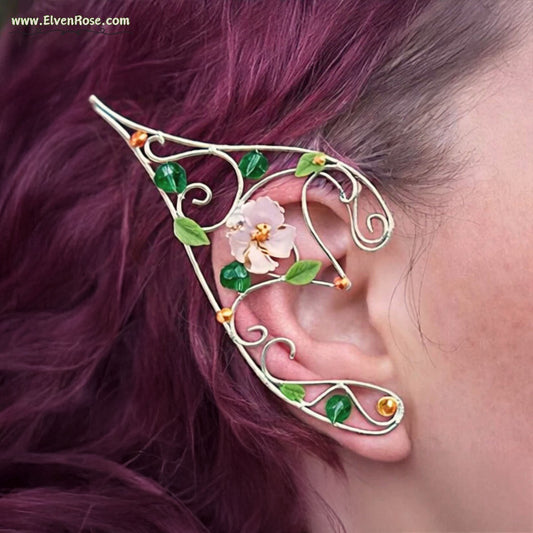 "Spring Blossom Elf Ear Cuffs" Handcrafted Elven Earrings with Flowers & Crystals