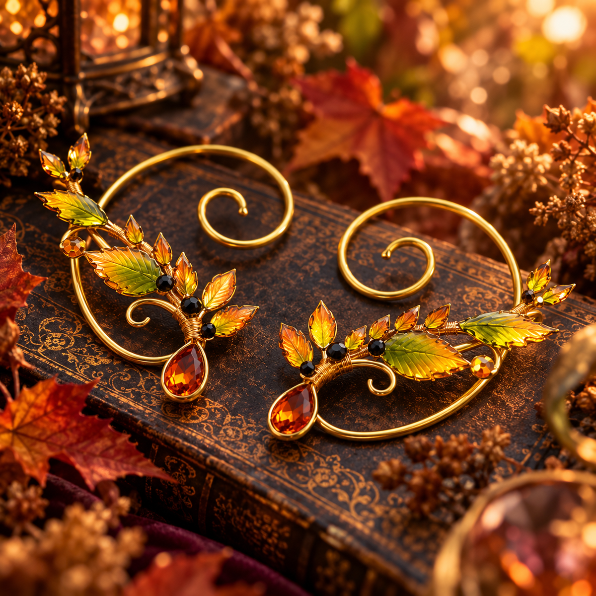 Emberleaf Ear Wraps handcrafted fantasy leaf ear jewelry with amber Swarovski crystals