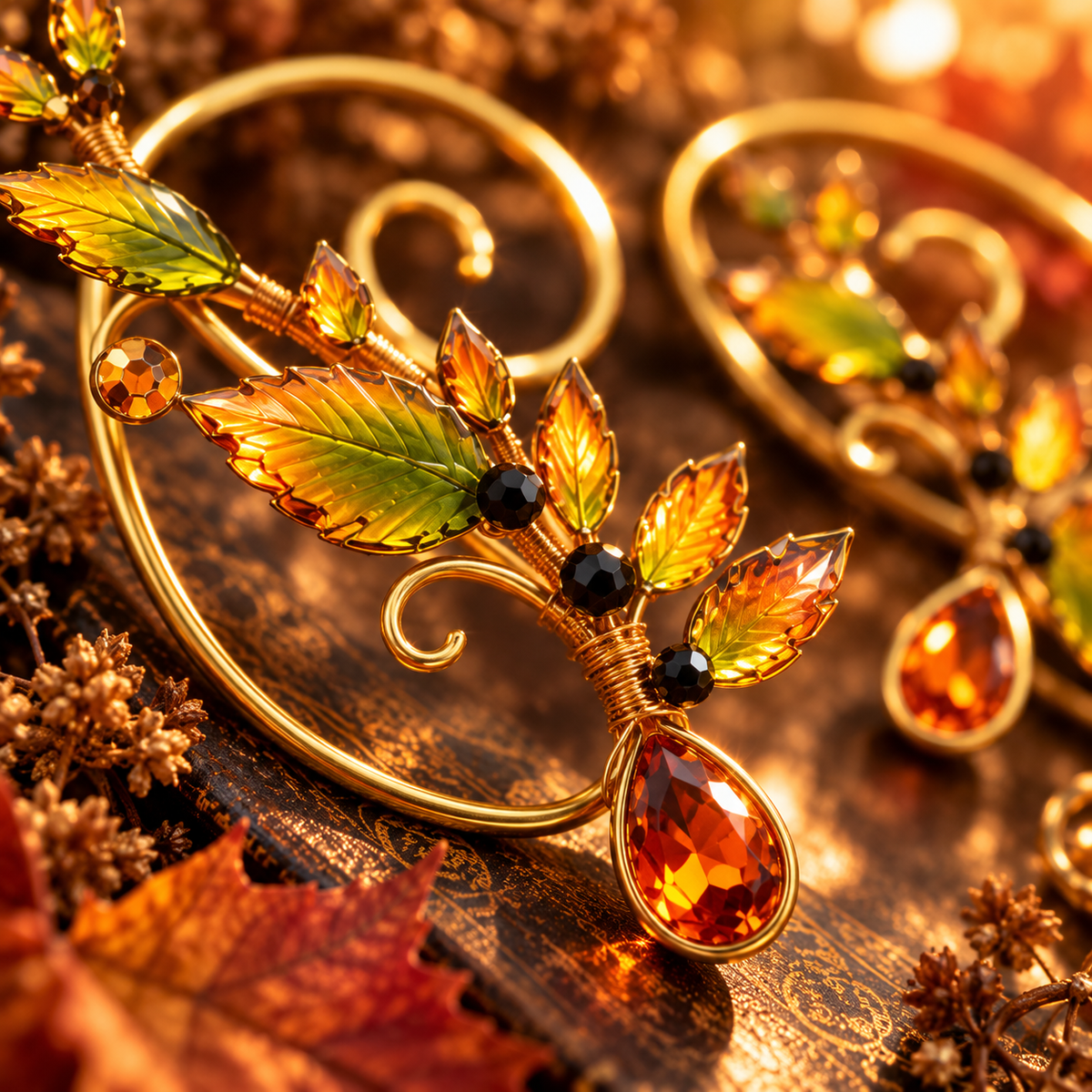 Macro detail of Emberleaf Ear Wrap showing handmade resin autumn leaves and Swarovski crystals