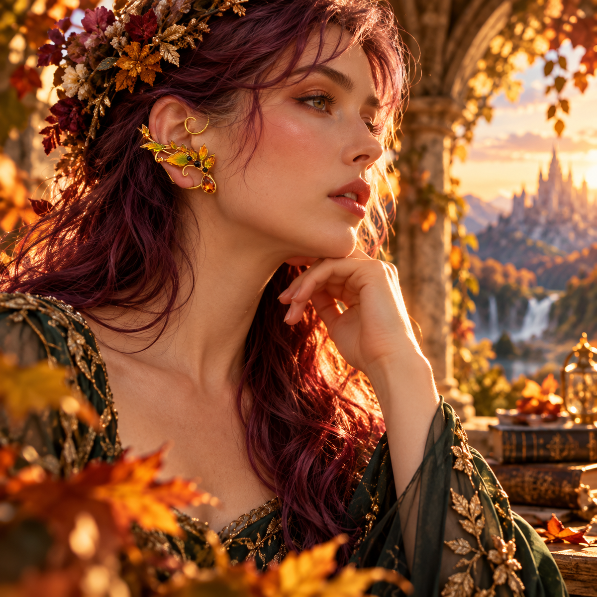 Emberleaf Ear Wrap worn in an enchanted autumn woodland fantasy setting