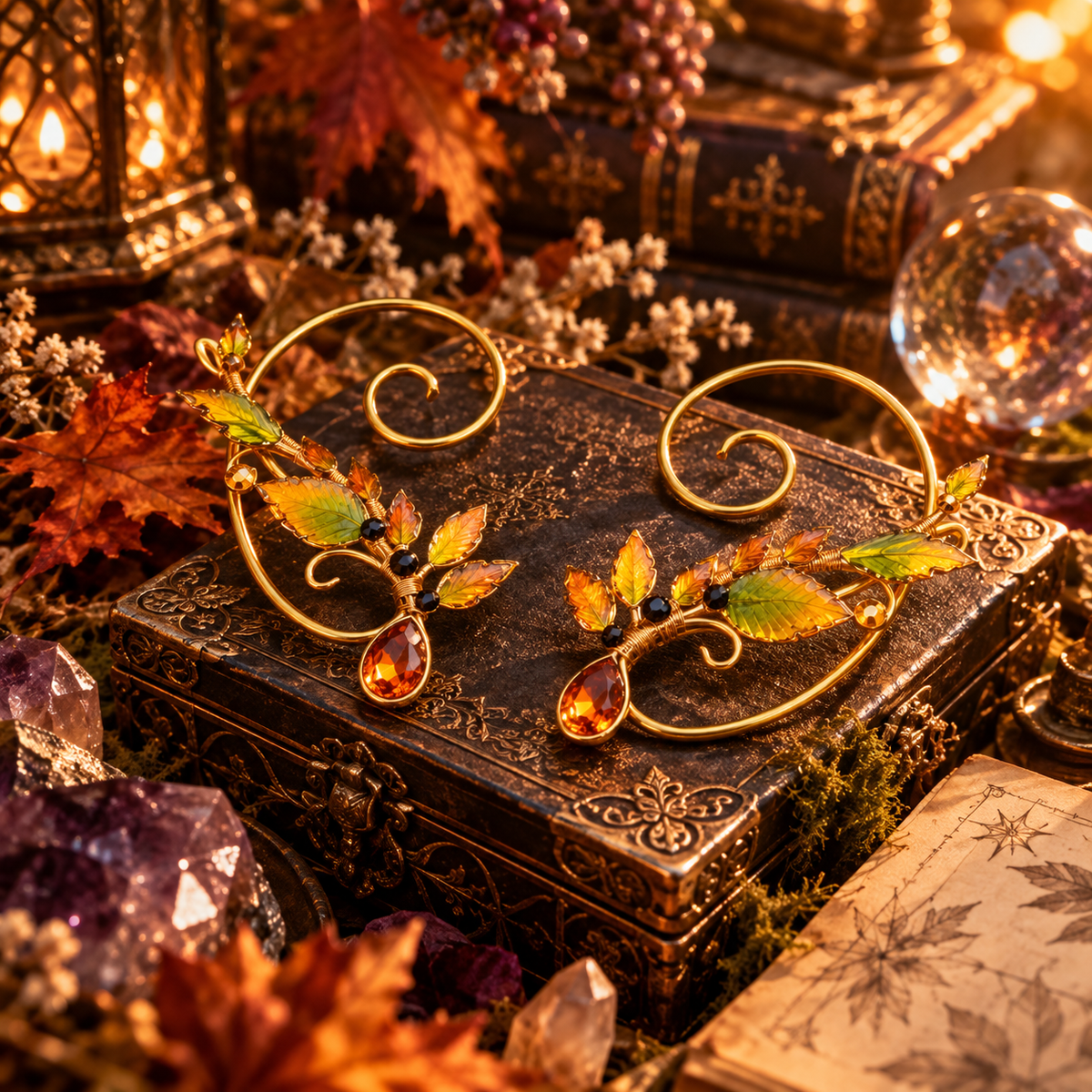 Emberleaf Ear Wraps displayed as an enchanted autumn artifact among leaves and crystals