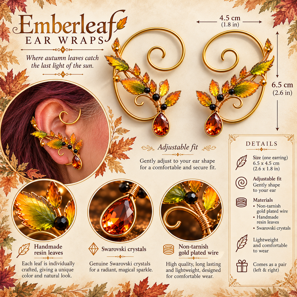 Emberleaf Ear Wraps size 6.5 by 4.5 cm adjustable fit and material details