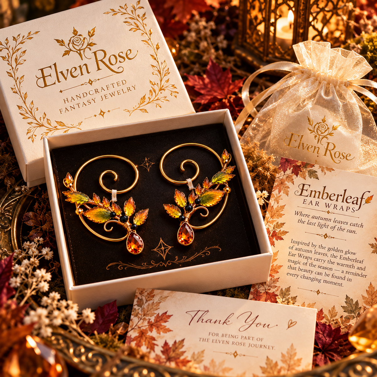 Elven Rose Emberleaf Ear Wraps presented in handmade fantasy jewelry packaging