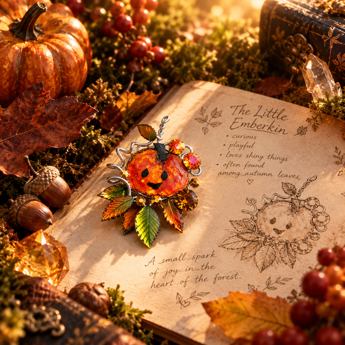 The Little Emberkin – Enchanted Autumn Pumpkin Brooch