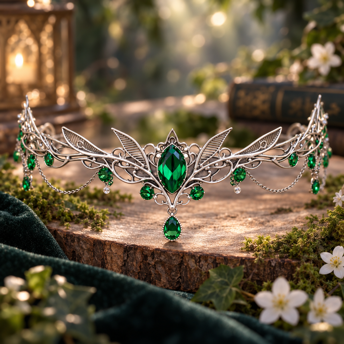 The Sylvan Crown emerald elven tiara with silver botanical filigree