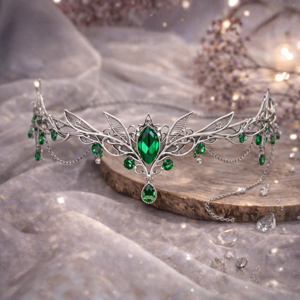 The Sylvan Crown emerald elven tiara with silver botanical filigree