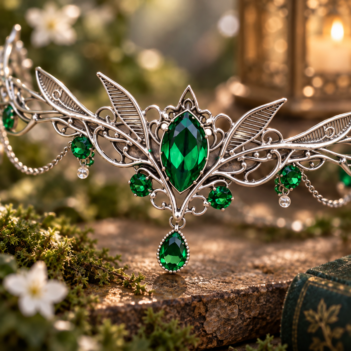 Close-up of The Sylvan Crown emerald-green centerpiece and Swarovski crystals
