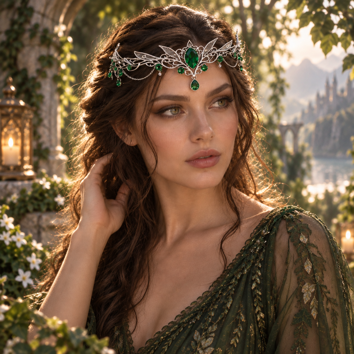 The Sylvan Crown worn with an elegant forest-inspired gown