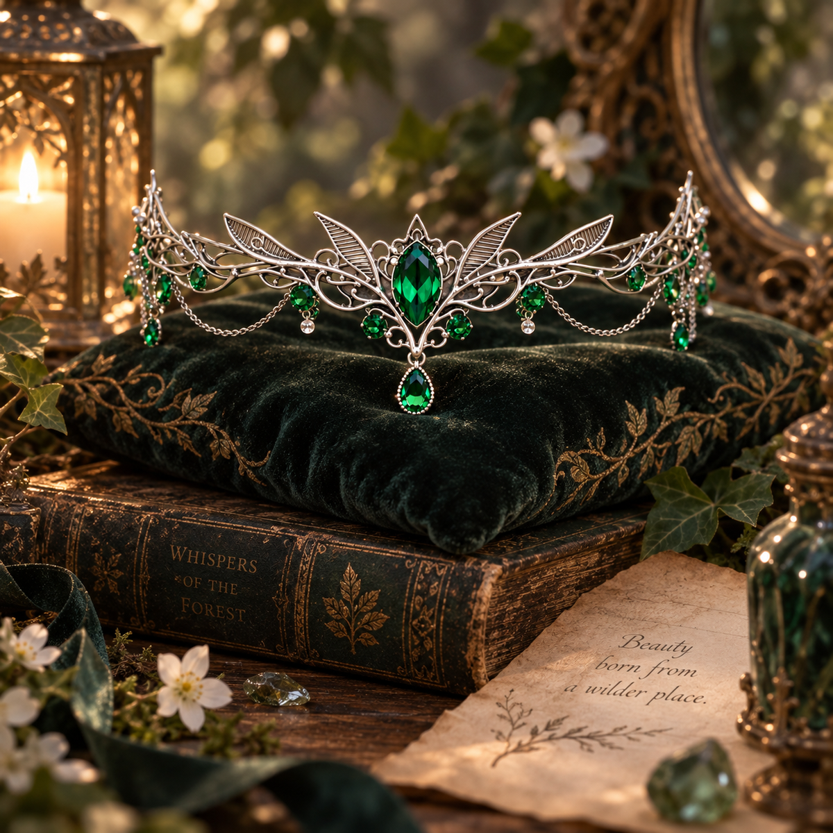 The Sylvan Crown displayed on dark green velvet with woodland details