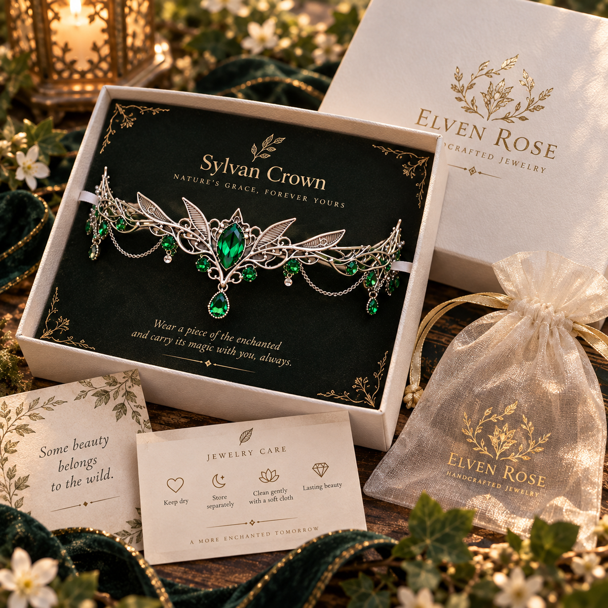 The Sylvan Crown presented in Elven Rose gift packaging