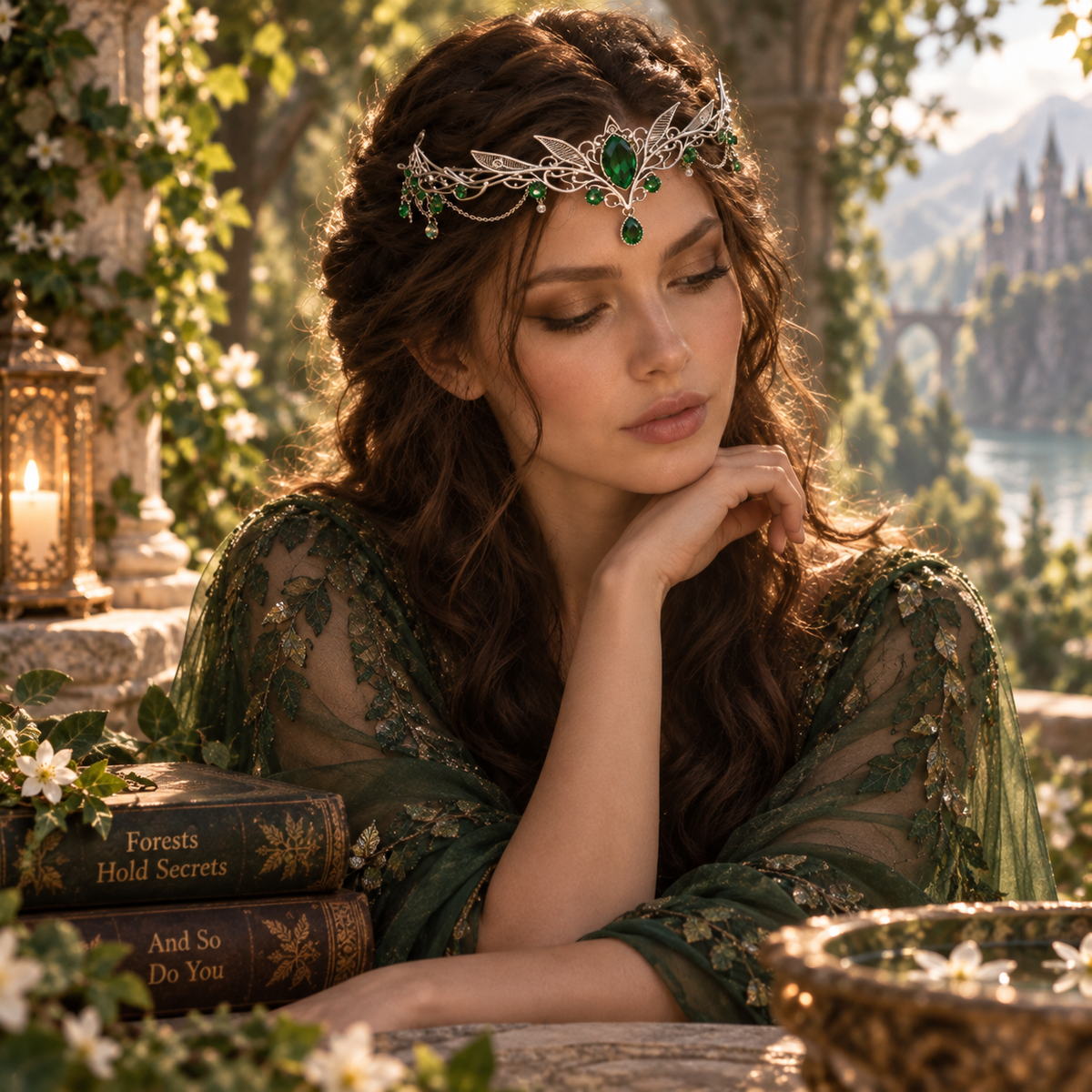 The Sylvan Crown worn as an elven tiara in an enchanted forest