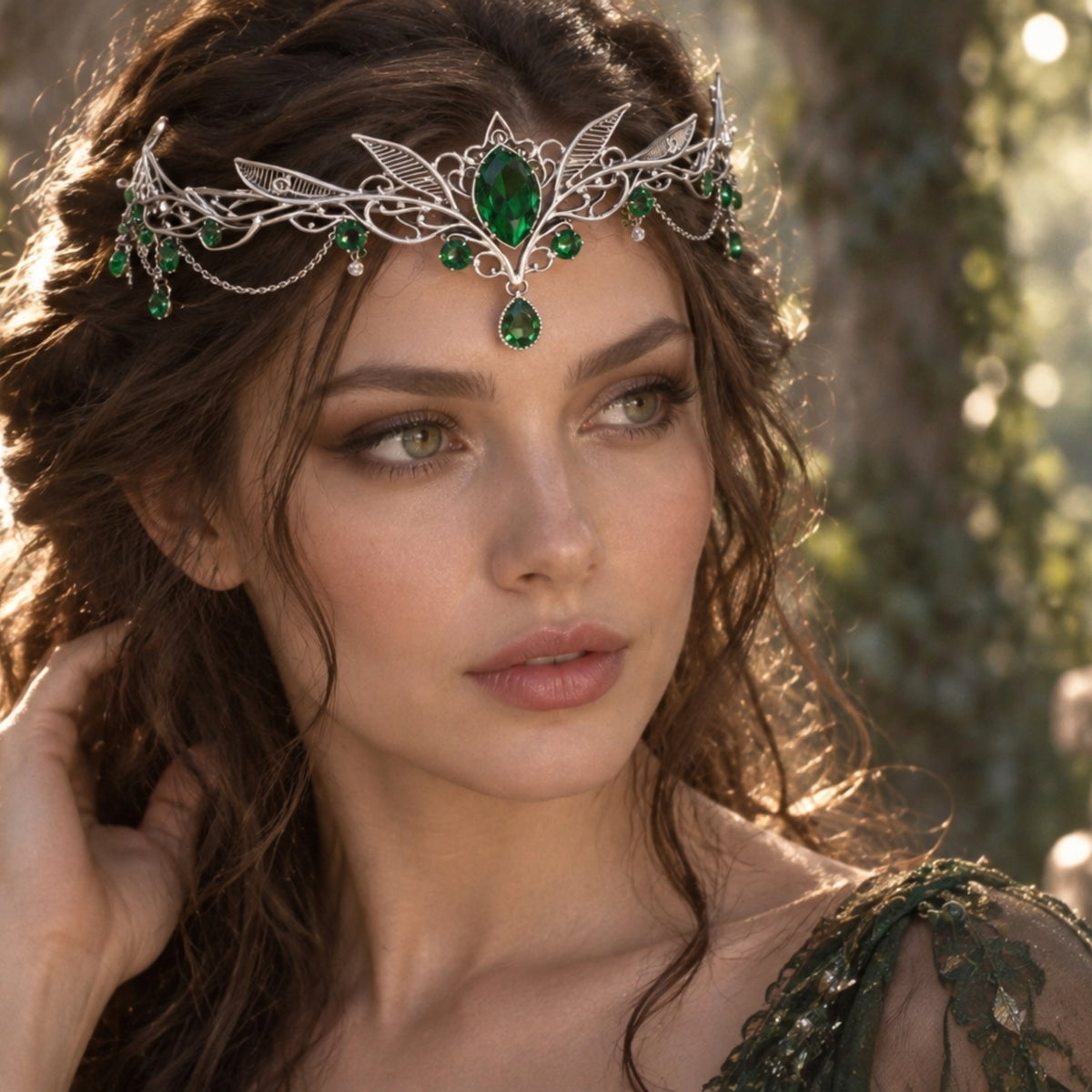 The Sylvan Crown worn as an elven tiara in an enchanted forest