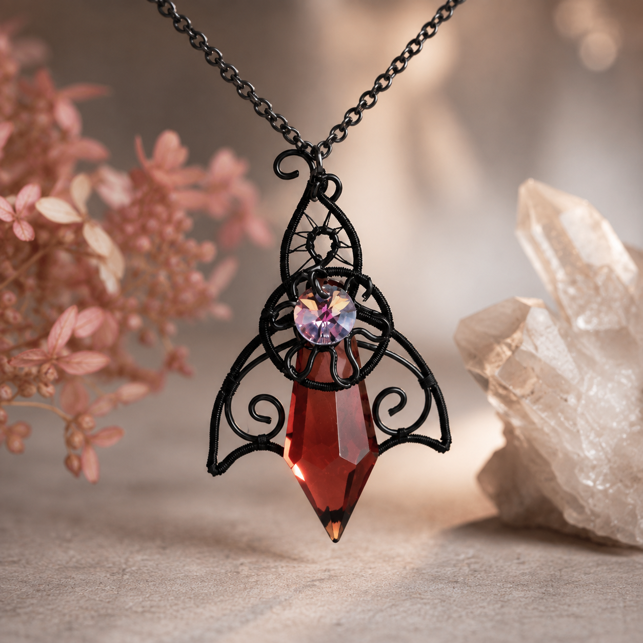 Twilight Talisman gothic fantasy pendant with black wire filigree, Swarovski Rivoli crystal and red glass crystal