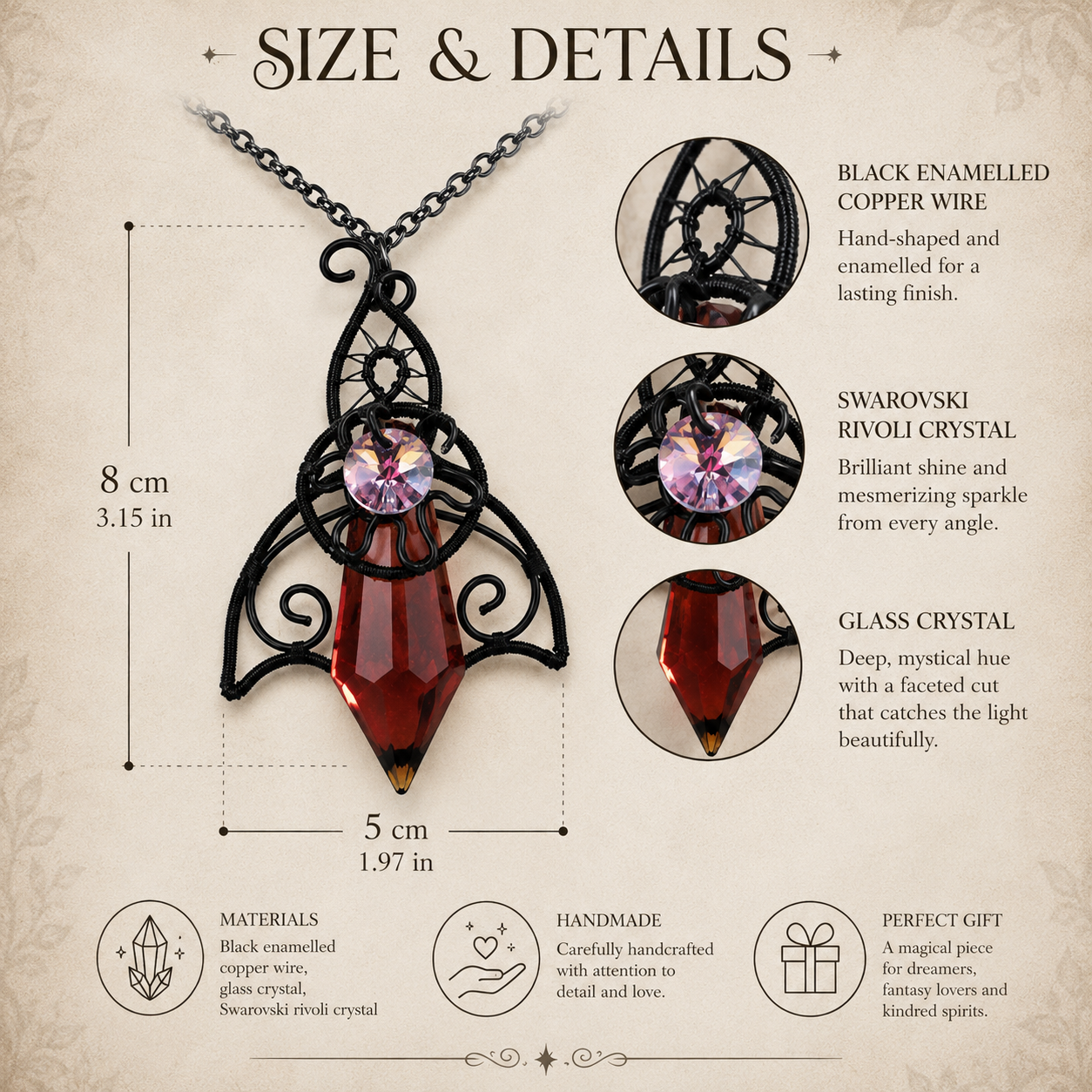 Twilight Talisman pendant size and materials infographic, 8 by 5 centimetres
