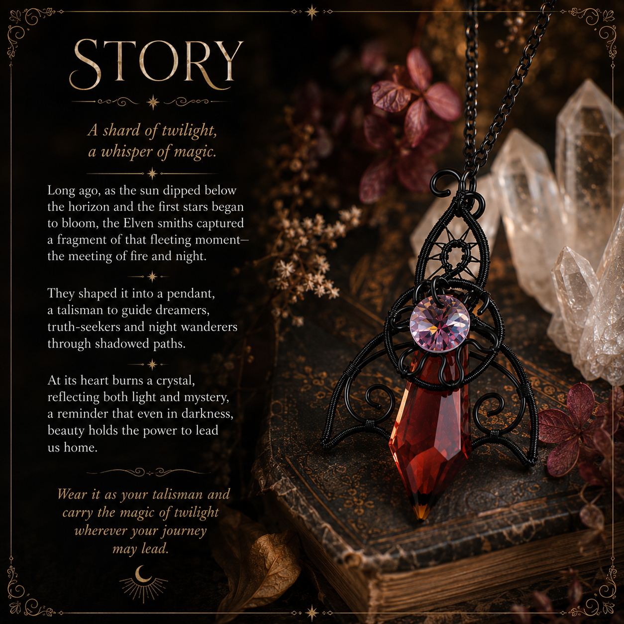 Twilight Talisman fantasy jewelry story featuring Elven-inspired pendant and crystals