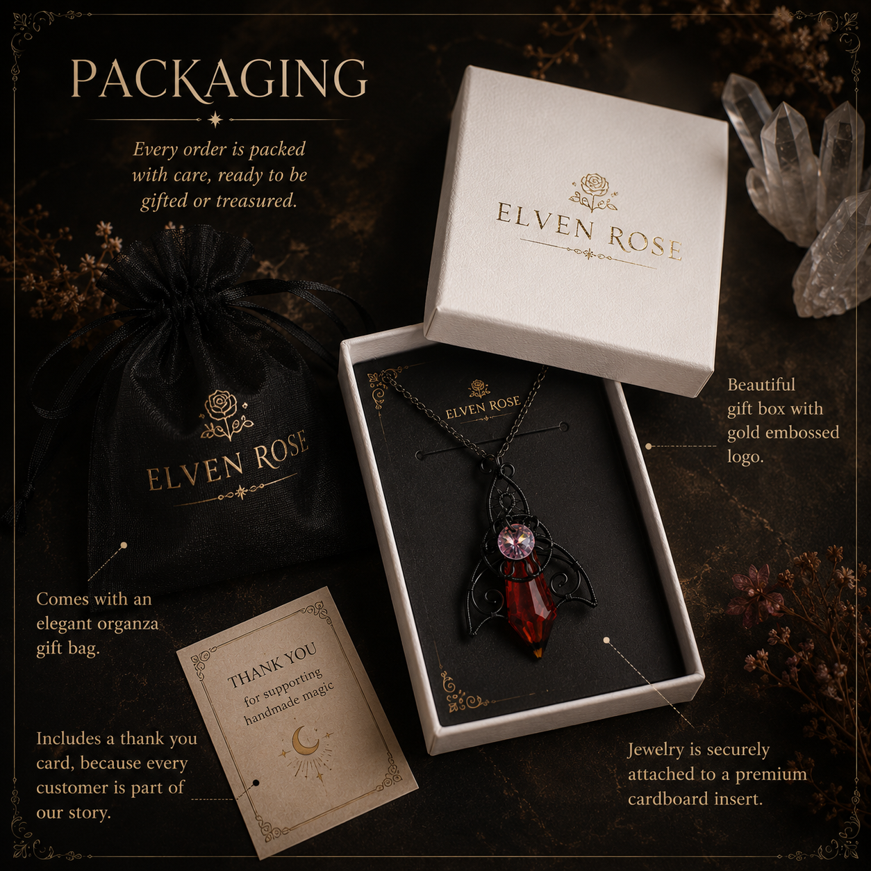 Elven Rose Twilight Talisman pendant presented in gift box with organza bag and thank you card