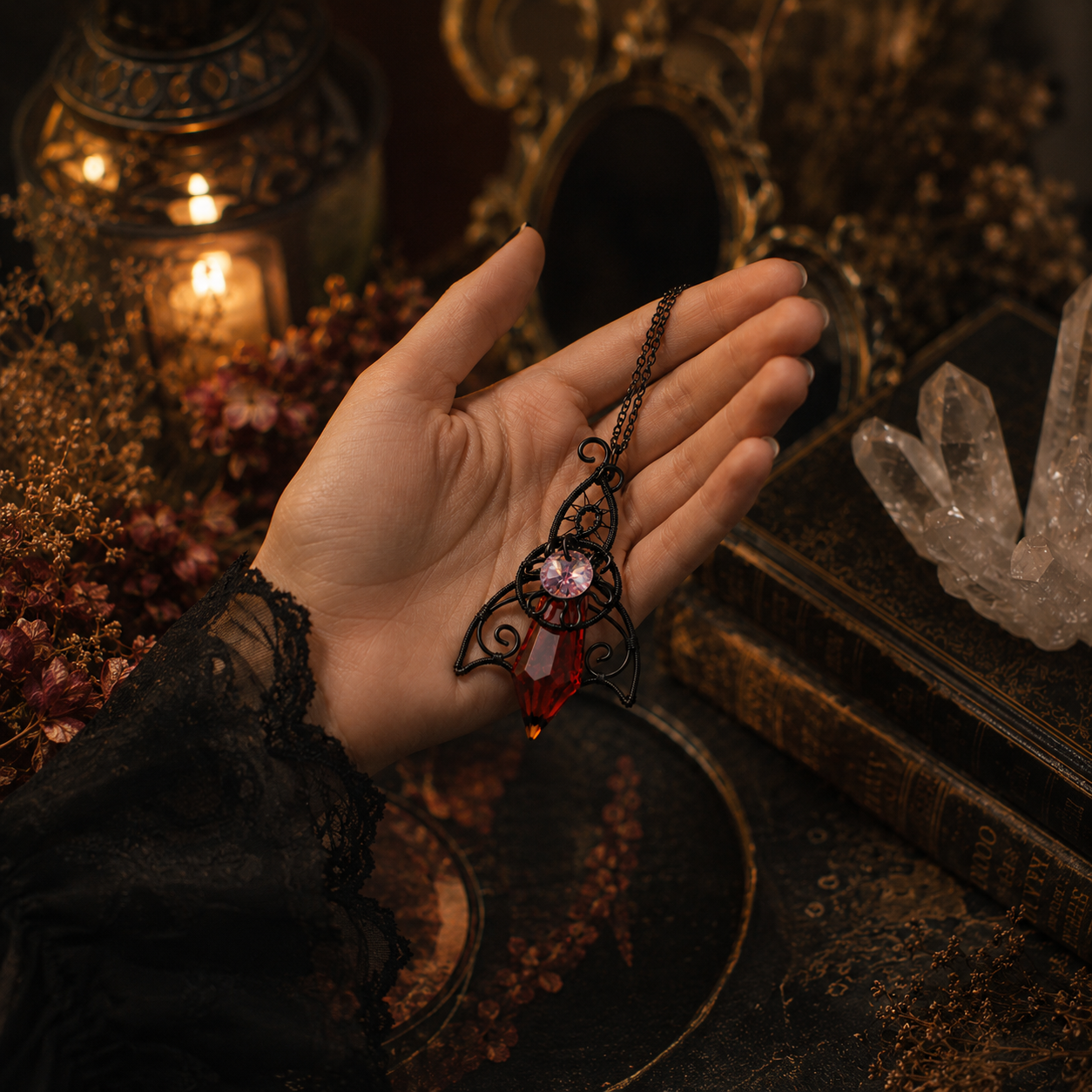 Hand holding handcrafted gothic Twilight Talisman crystal pendant in candlelit setting