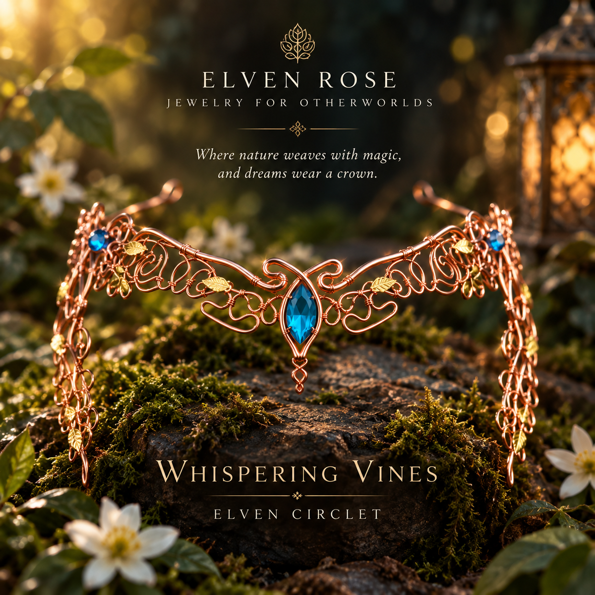 Whispering Vines handcrafted elven copper circlet with blue Swarovski crystal