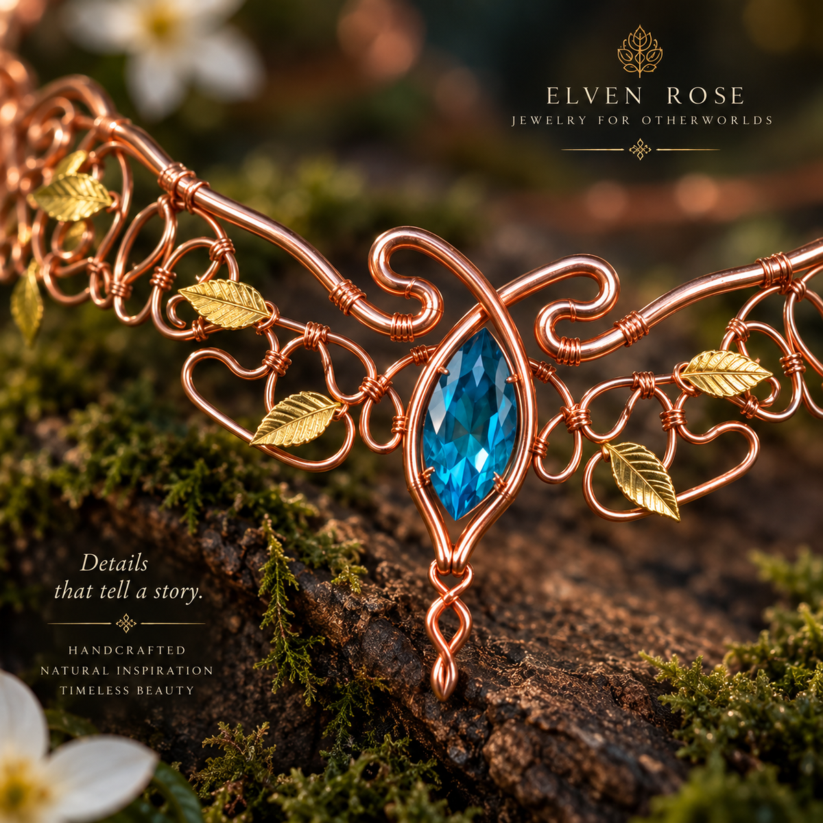 Close-up of copper wire vines and blue Swarovski crystal on elven circlet