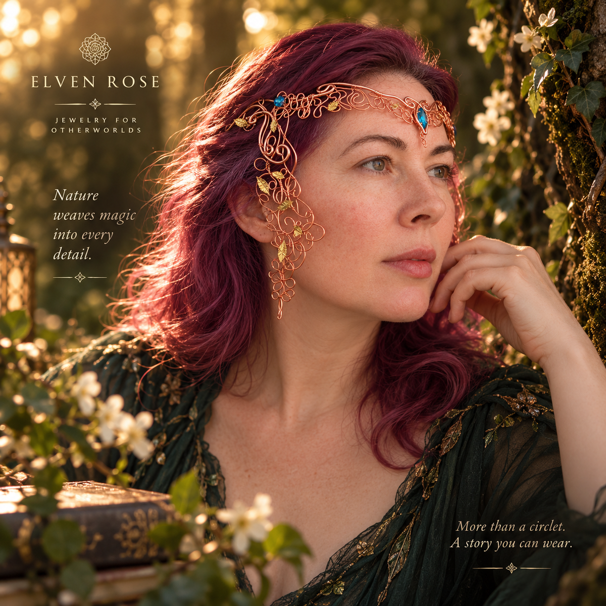 Whispering Vines fantasy circlet worn in a cinematic woodland setting