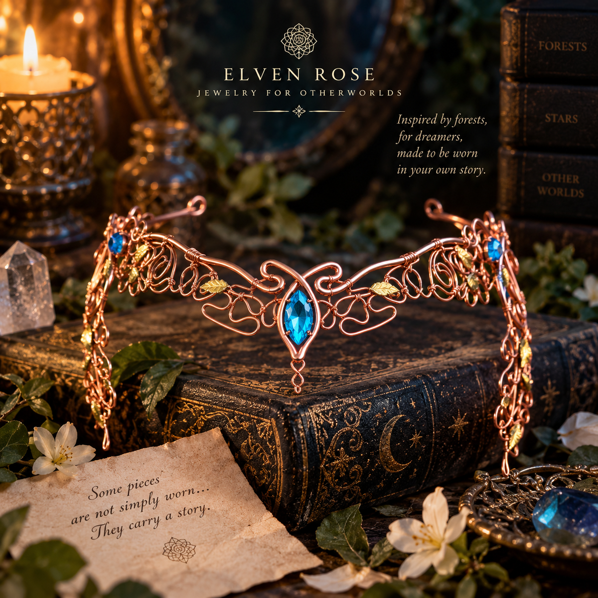 Handcrafted Whispering Vines elven circlet displayed as a fantasy artifact