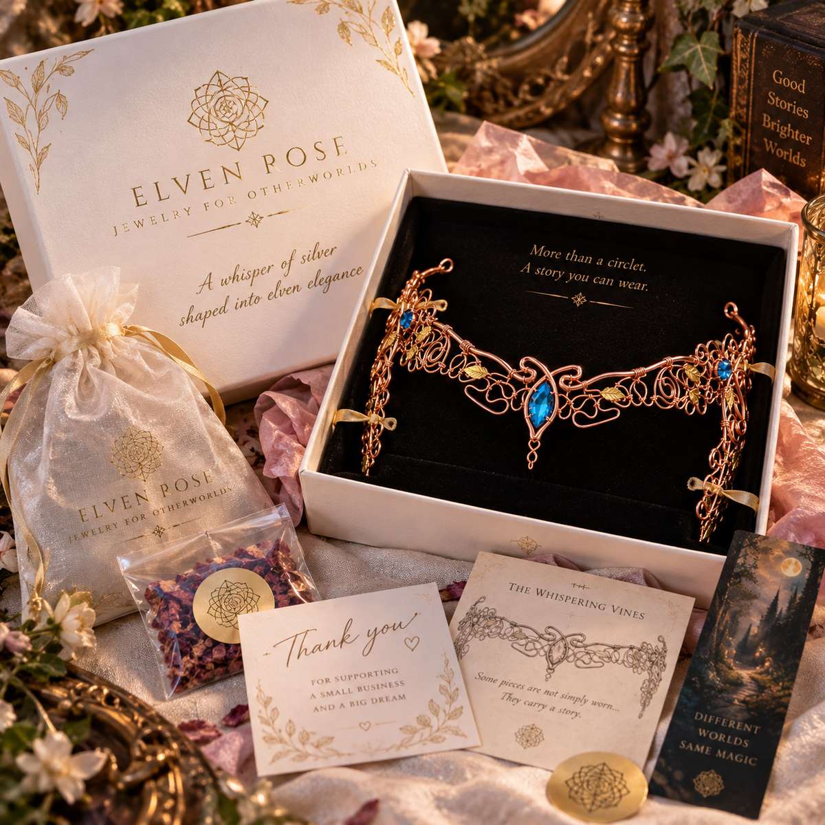 Whispering Vines circlet in Elven Rose gift packaging