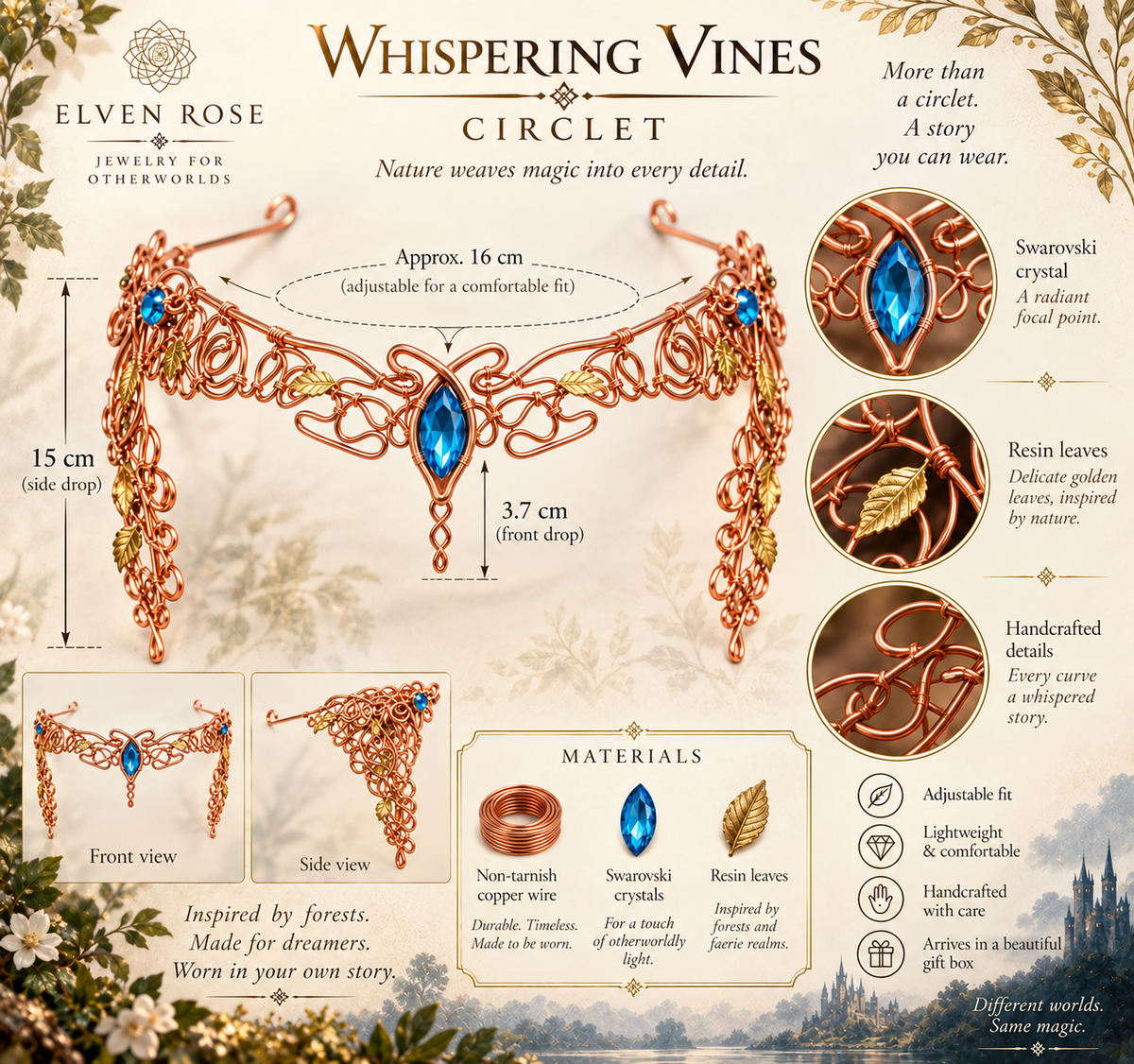 Whispering Vines circlet dimensions and materials infographic