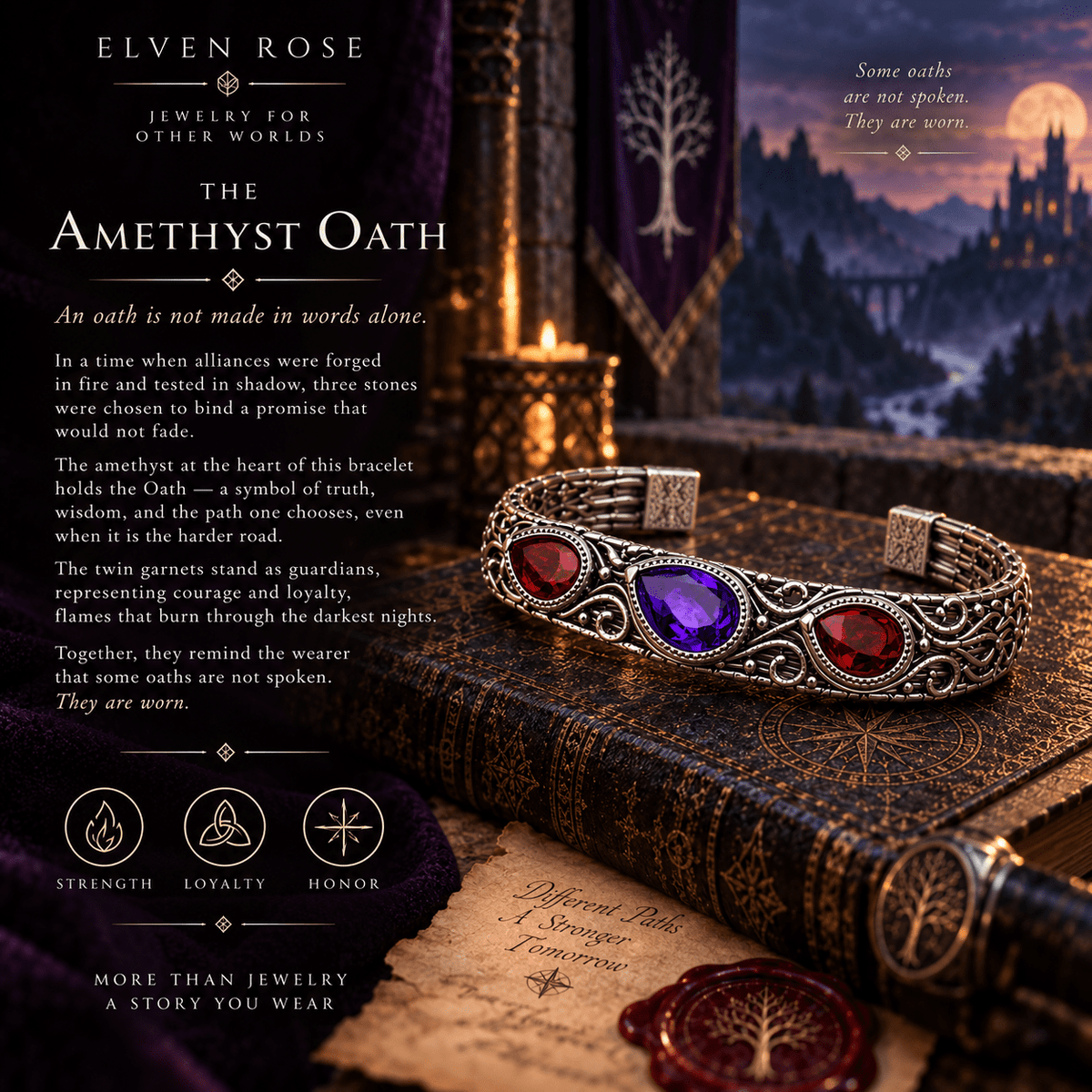 Amethyst & Garnet Men’s Fantasy Cuff Bracelet - Elven Rose