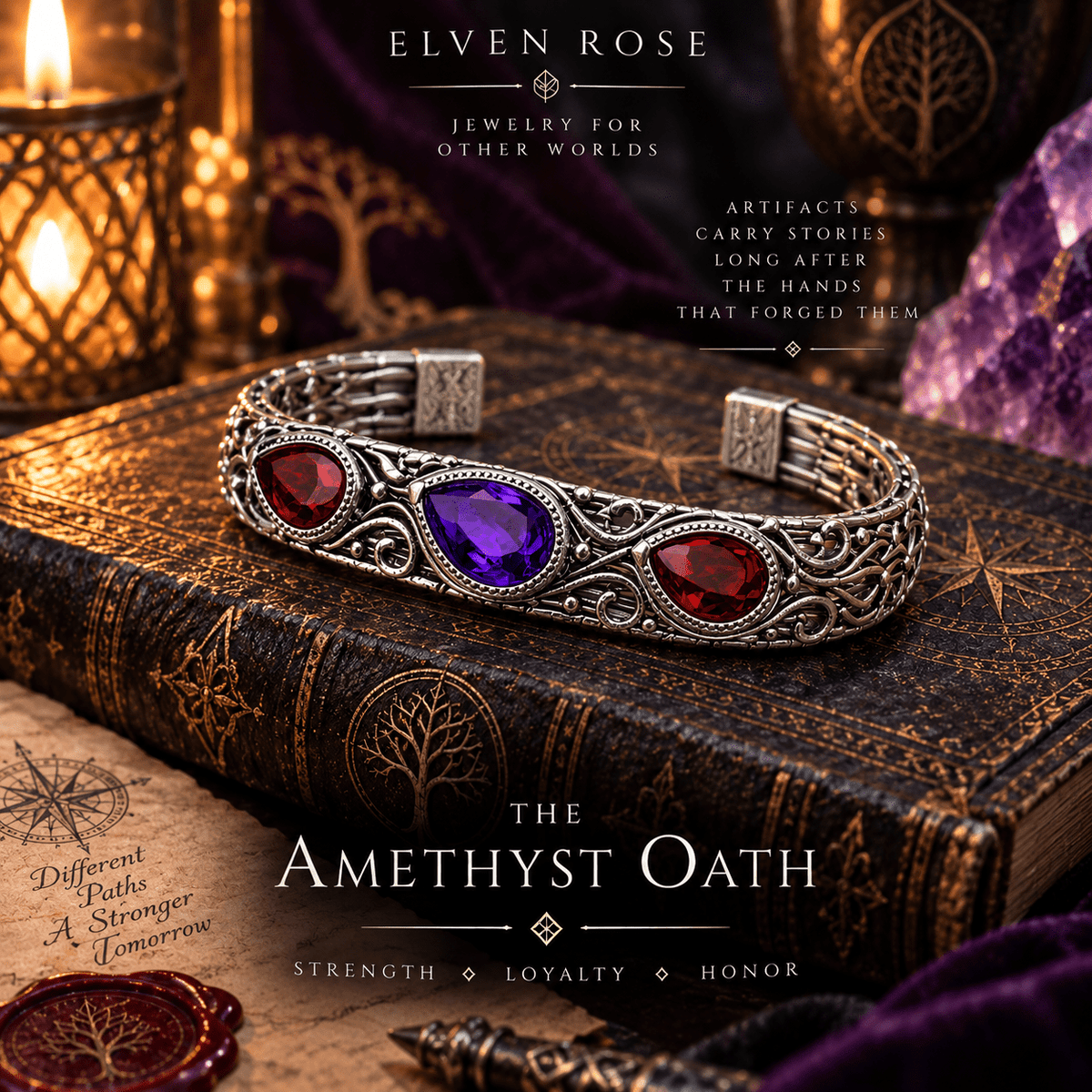 Amethyst & Garnet Men’s Fantasy Cuff Bracelet - Elven Rose