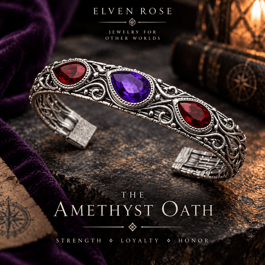 Amethyst & Garnet Men’s Fantasy Cuff Bracelet - Elven Rose