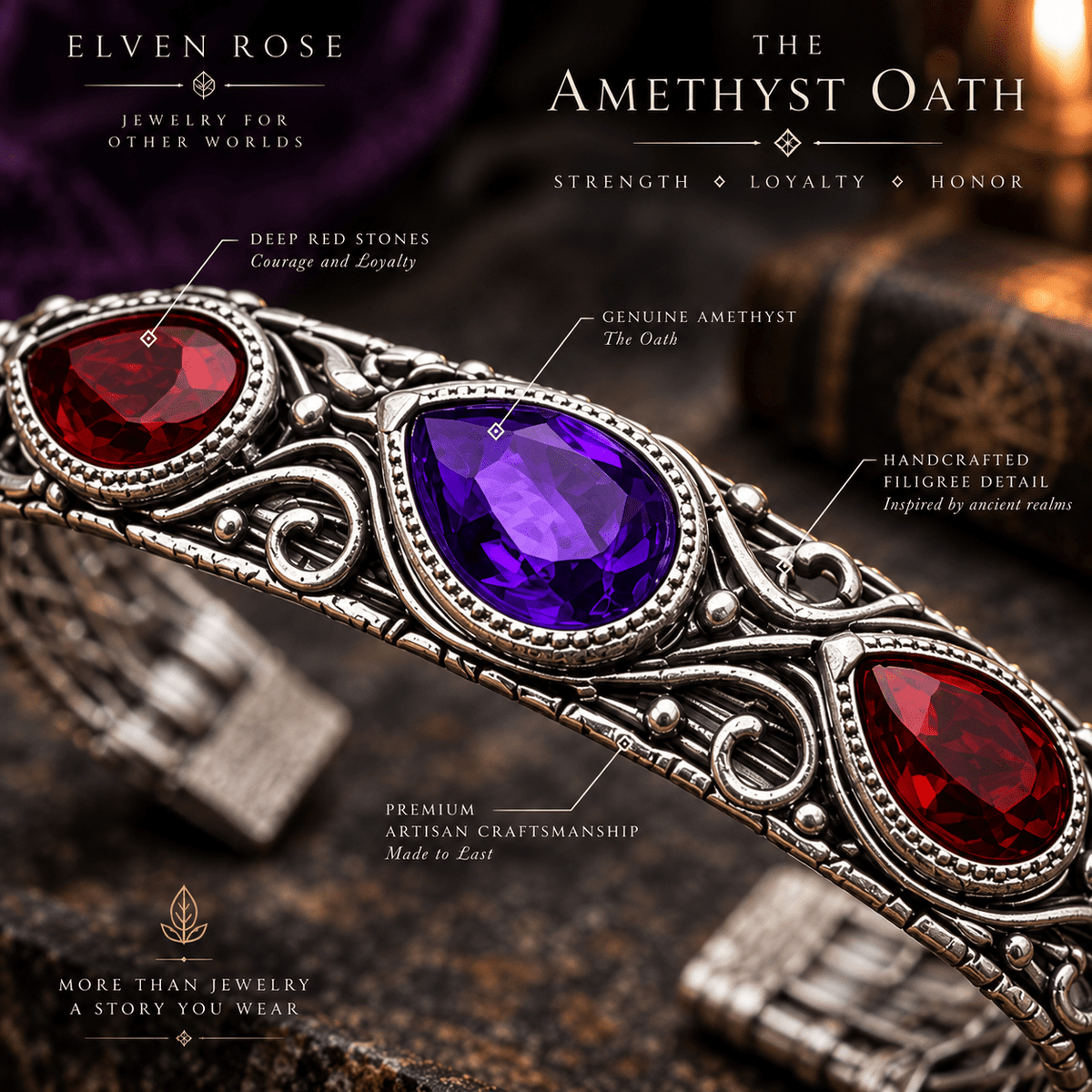 Amethyst & Garnet Men’s Fantasy Cuff Bracelet - Elven Rose