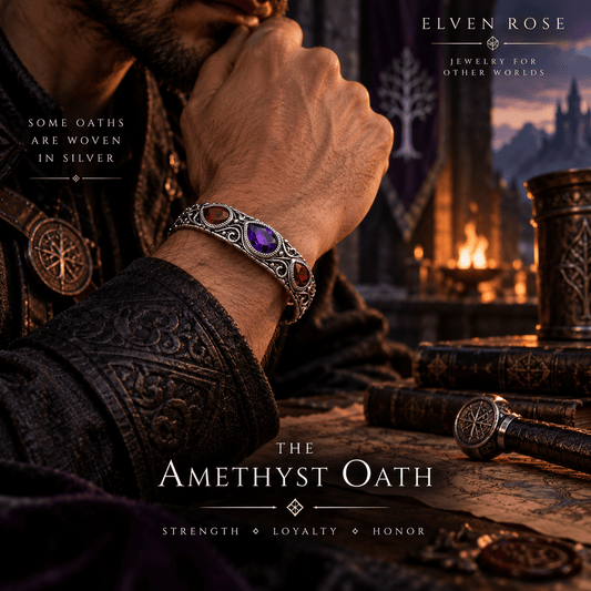 Amethyst & Garnet Men’s Fantasy Cuff Bracelet - Elven Rose