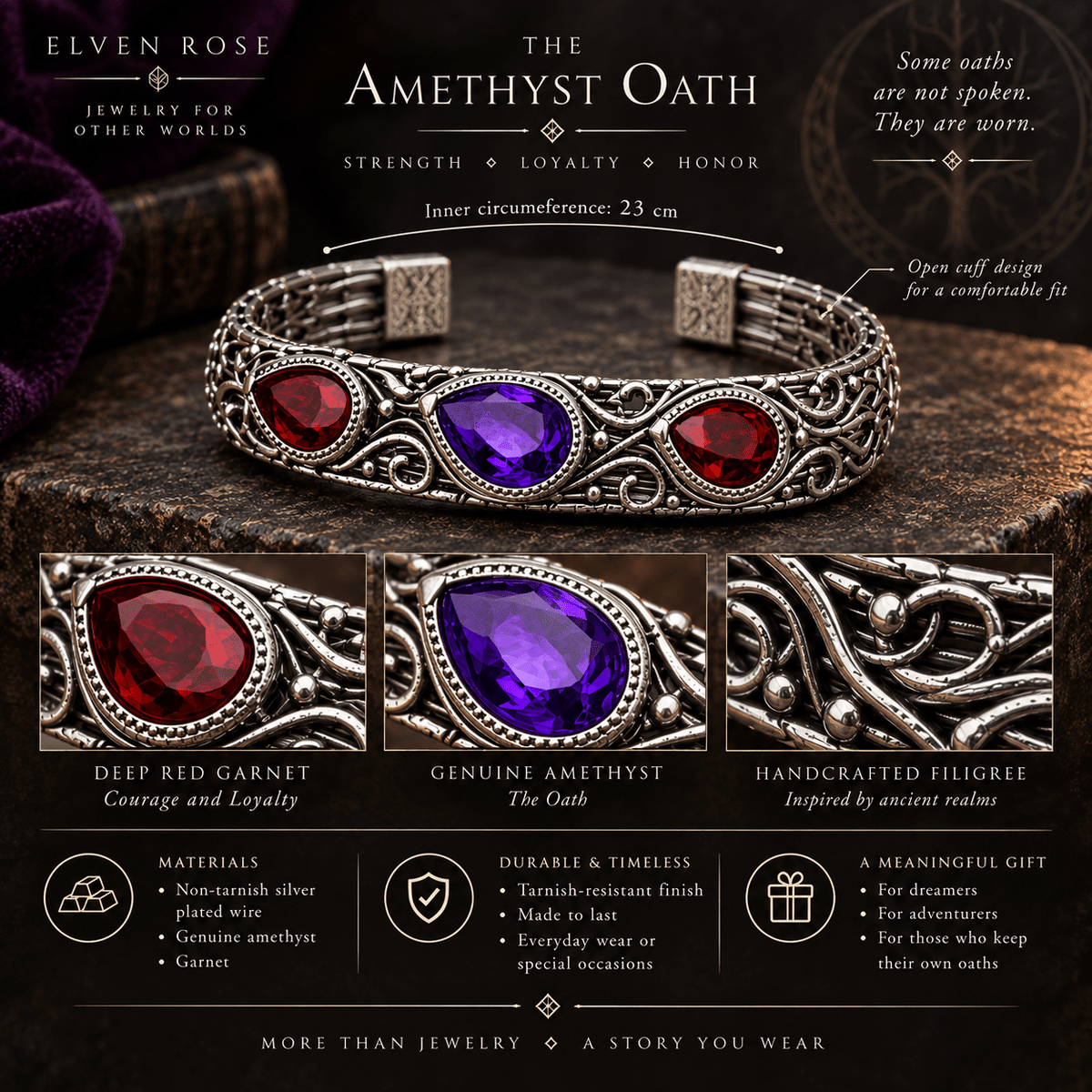 Amethyst & Garnet Men’s Fantasy Cuff Bracelet - Elven Rose