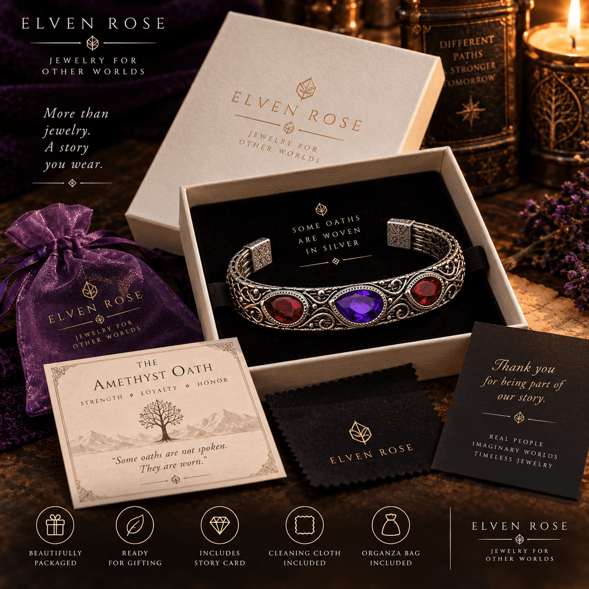 Amethyst & Garnet Men’s Fantasy Cuff Bracelet - Elven Rose
