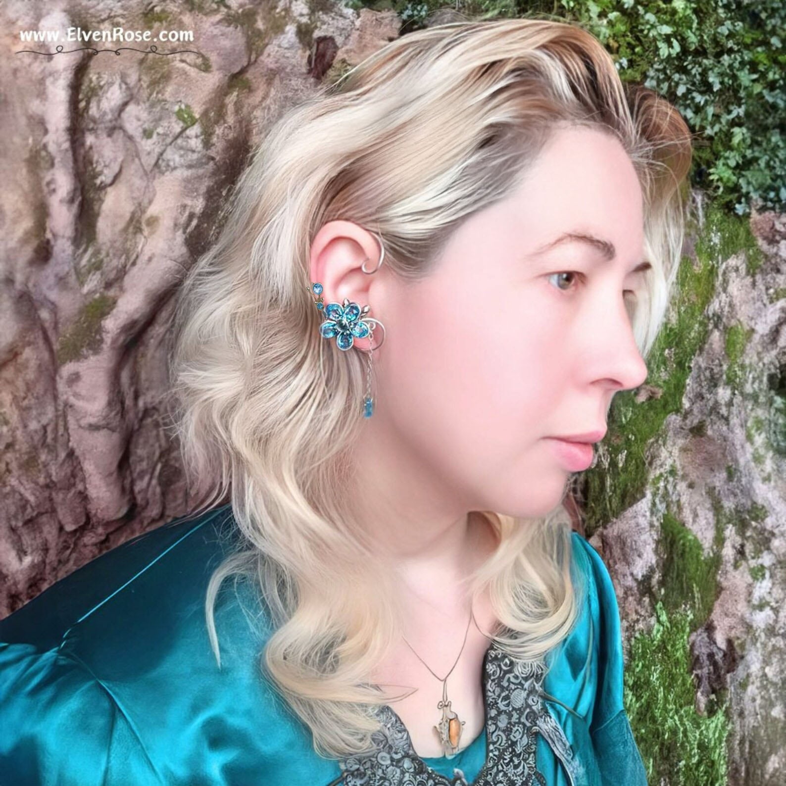 Azure Bloom in a Rainy Day Ear Wrap earrings - Elven Rose