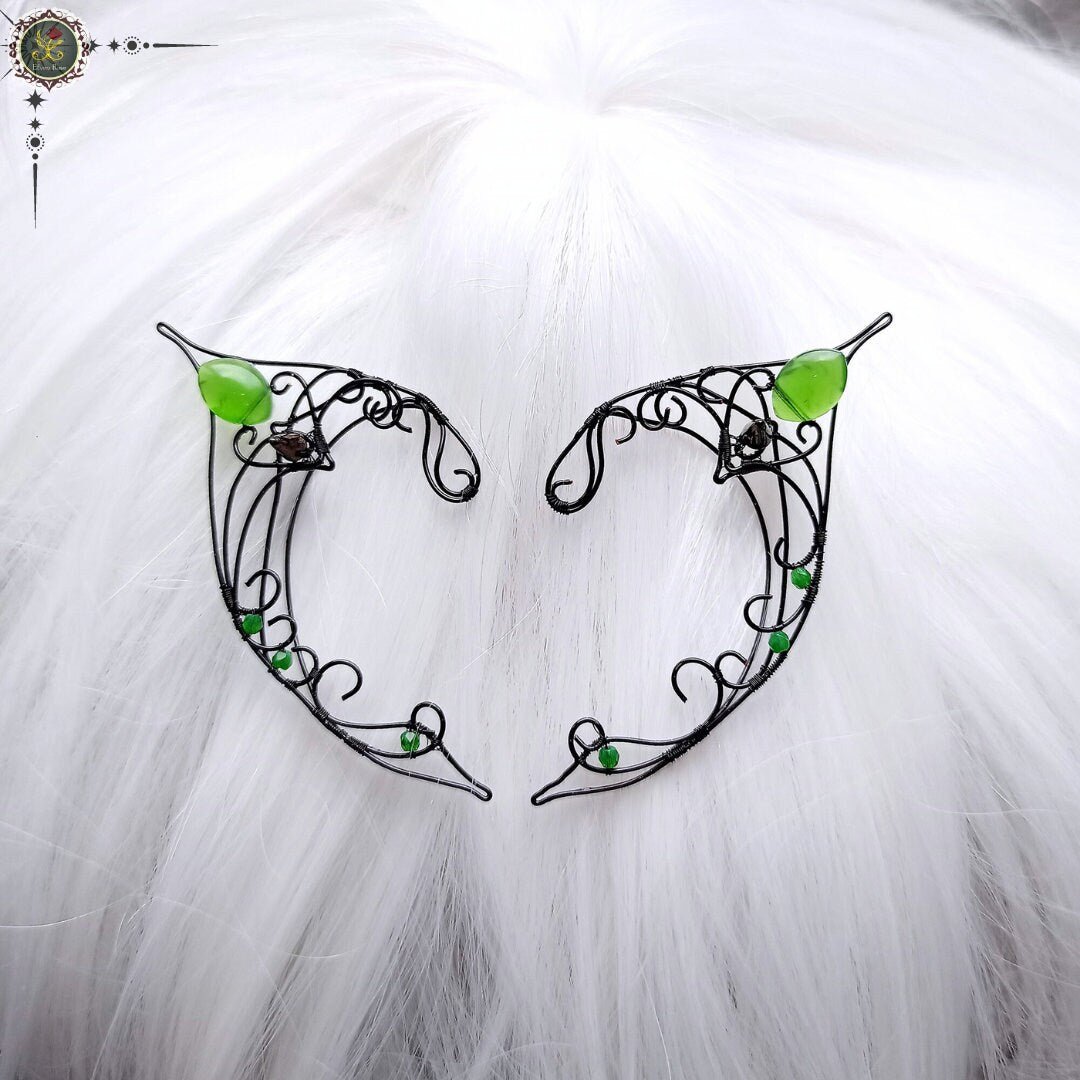 "Black Bird Elf Ear Cuffs" Fantasy Elf Ears Earrings - Elven Rose