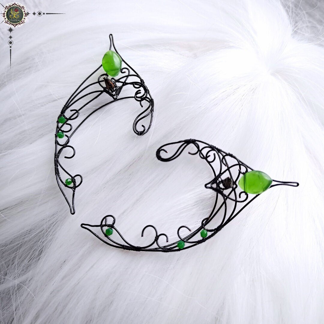 "Black Bird Elf Ear Cuffs" Fantasy Elf Ears Earrings - Elven Rose