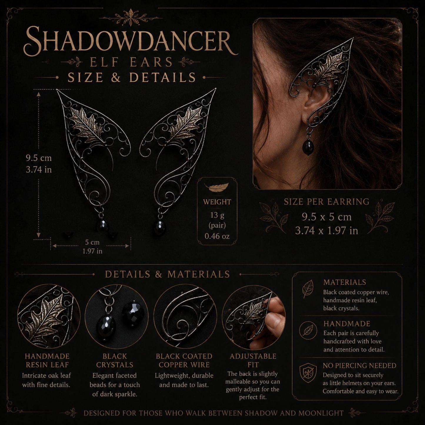 "Black Shadowdancer" Fantasy Dark Elf Earrings - Elven Rose