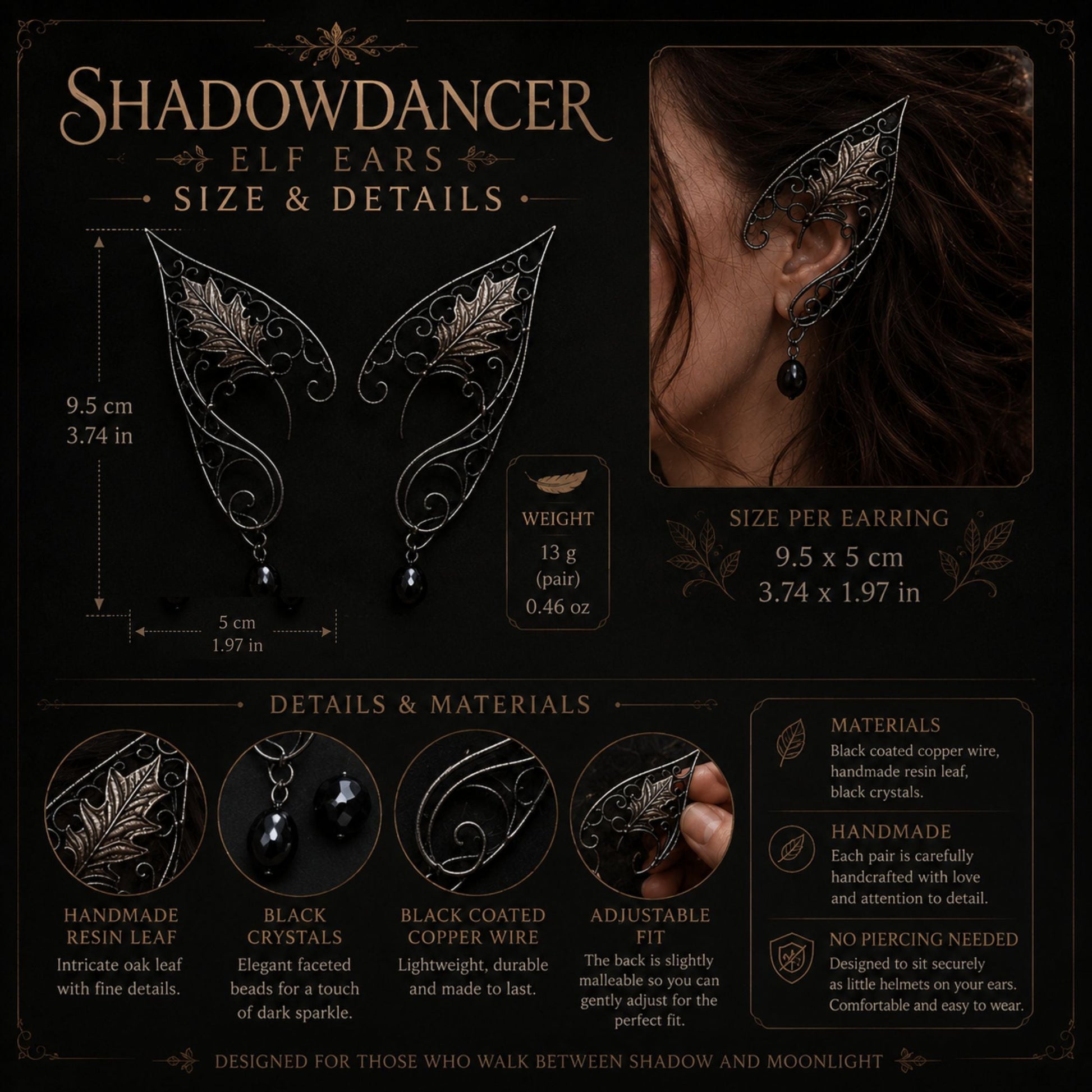 "Black Shadowdancer" Fantasy Dark Elf Earrings - Elven Rose